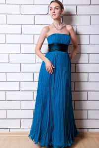 Blue Empire Strapless Long Organza Cute Prom Gowns with Pleats