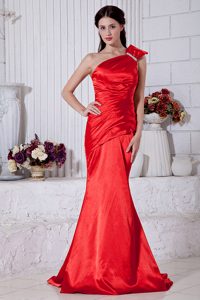 Red Mermaid One Shoulder Discount Brush Train Prom Dress with Beading