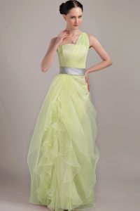 Nice Light Yellow One Shoulder Long Senior Prom Dress with Ruffles