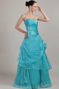 Blue Strapless Long Pretty Prom Gown Dress with Appliques