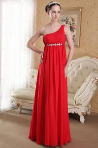 Pretty Red Empire One Shoulder Dress for Prom with Beading and Ruching