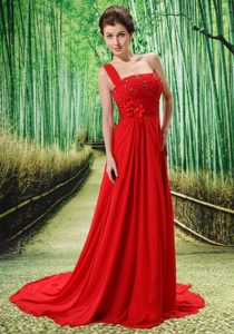 Red One Shoulder Beaded Court Train Cheap Prom Dresses with Appliques