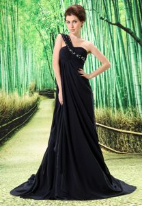 Pretty Black One Shoulder Prom Gown Dress with Appliques and Ruching
