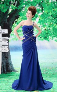 Beaded and Ruched Peacock Blue Perfect Prom Gowns with One Shoulder