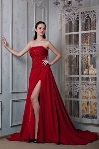 Wine Red A-line Strapless Elastic Woven Satin Prom Dress on Promotion