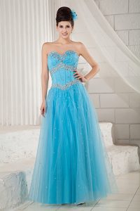 Popular Aqua Blue A-line Sweetheart Tulle Beaded Prom Dress for Custom Made