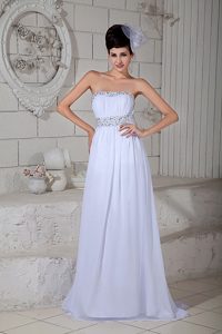 White Empire Beaded and Ruched Chiffon Wedding Prom Dress with Brush Train