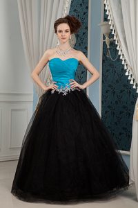 Inexpensive Blue and Black Sweetheart Beaded Organza and Tulle Prom Dresses
