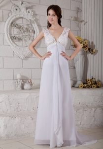 Charming Empire V-neck Brush Train Chiffon and Lace Wedding Bridal Gown