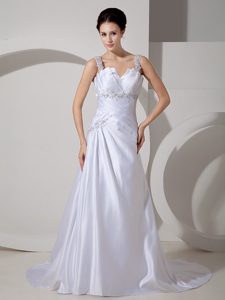 Classical Court Train Satin Appliqued Zipper-up Wedding Dress with Straps