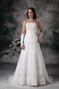 2013 Best Seller Strapless Court Train Summer Wedding Dress with Bowknot