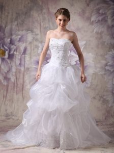 Popular Strapless Chapel Train Organza Wedding Bridal Gown with Appliques