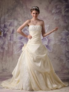 Fabulous Light Yellow A-line Lace-up and Lace Wedding Gown for Fall