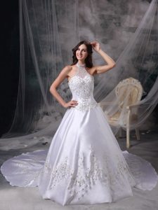 White A-line Halter Chapel Train Satin Beaded Wedding Dress with Embroidery