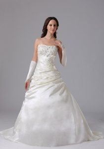 A-line Appliqued and Ruched Romantic Wedding Dress with Court Train on Sale