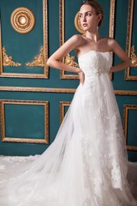 Beautiful A-line Strapless Tulle Wedding Dress with Beading and Chapel Train