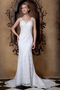 Gorgeous V-neck Court Train Lace Wedding Dress with Beading on Sale