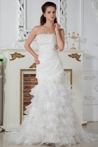 Popular Strapless Court Train Organza Ruched and Appliqued Wedding Dresses