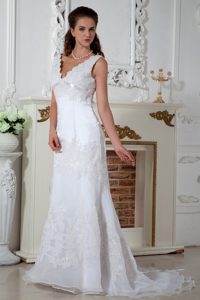 Pretty V-neck Court Train Organza Laced and Appliqued Wedding Dress