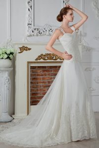 Low Price Empire Straps Court Train Tulle Appliqued and Laced Wedding Dress