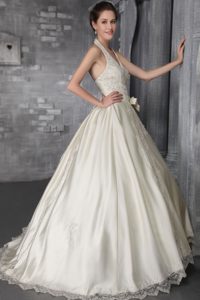 Fashionable A-Line Halter Brush Train Satin Lace and Beaded Wedding Dresses