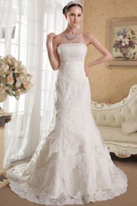 White Mermaid Strapless Lace Beaded Wedding Dress with Chapel Train on Sale