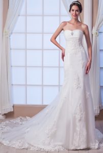 2014 Brand New Mermaid Strapless Lace Beaded Wedding Dress with Court Train