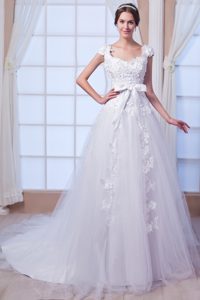 New A-line Square Tulle Wedding Dresses with Chapel Train and Embroidery