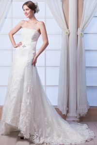 Elegant A-line Strapless Court Train Lace Beaded Wedding Dress on Promotion