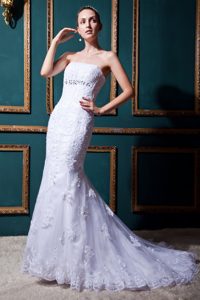 Modest Mermaid Strapless Tulle Wedding Dress with Brush Train and Beading