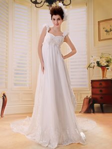 Straps Wedding Dress with Court Train and Beading Decorated on Promotion