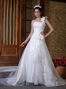 Elegant One Shoulder Church Wedding Dresses with Chapel Train and Flowers