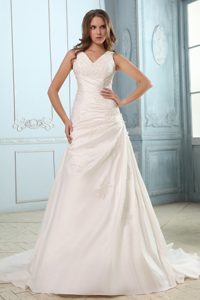 Brand New V-neck Court Train Ruched and Appliques 2013 Wedding Dress