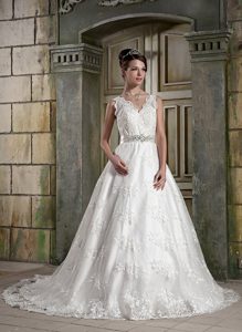 Beautiful A-line V-neck Lace Beaded Wedding Dress with Chapel Train in 2013