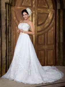 Beautiful Strapless Court Train Organza Wedding Gown Dress with Embroidery
