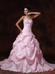 Pink Strapless A-Line Wedding Dress with Chapel Train and Pick-ups