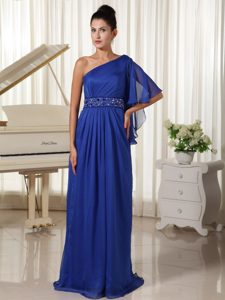 One Shoulder With 1/2-length Sleeve Beaded Formal Graduation Dresses in Royal Blue