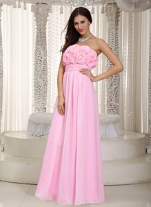 Pink Empire Strapless Long Chiffon Graduation Ceremony Dress with Flowers