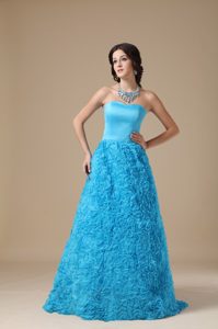A-line Strapless Long Teal College Graduation Dresses with Rolling Flowers