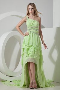 Beautiful Light Green One Shoulder Beaded College Graduation Dress with High-low