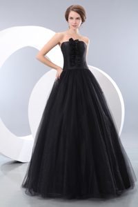 Popular A-line Strapless Long Tulle Graduation Ceremony Dresses in Black