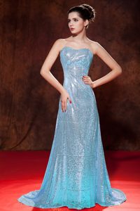 Luxurious Aqua Blue Empire Sweetheart Sequined Graduation Dress with Brush Train