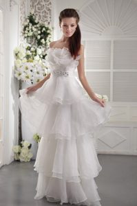 New White Strapless Long Organza Prom Graduation Dress with Beading