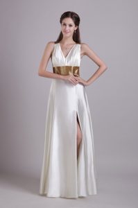 White Empire V-neck Long Party Dresses with Side Slit and Belt