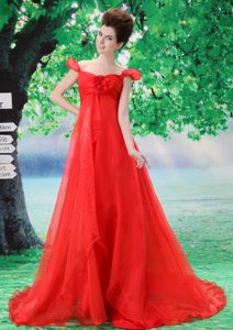 Special Red A-line Off the Shoulder Organza Prom Party Dress with Court Train