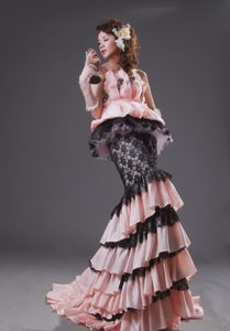Mermaid Light Pink and Black Appliqued Party Dress in and Lace on Sale
