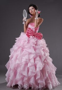 New Beaded Strapless Baby Pink Organza Party Dress with Bowknot and Ruffles