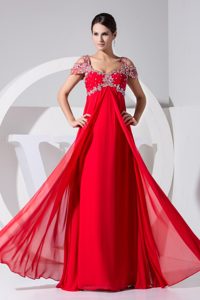 Affordable Long Party Prom Dresses with Beaded Cap Sleeves