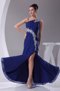 Appliqued One Shoulder Royal Blue Prom Party Dress with Side Slit for Ladies