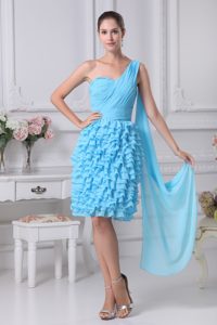 Blue One Shoulder Watteau Train Dresses for Party with Ruffled Layers
